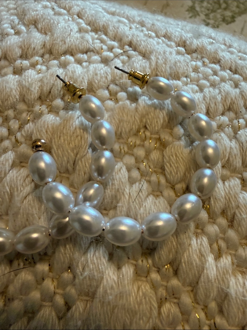 Pearl Bead Hoop Earrings - White Pearlescent with Gold Accents